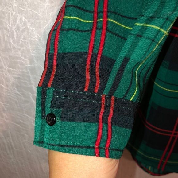 Gianni Bini L High Low Green Black Red Yellow Plaid Top Large - Picture 6 of 10